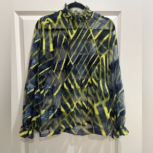 Blue & yellow mesh mock neck cute blouse